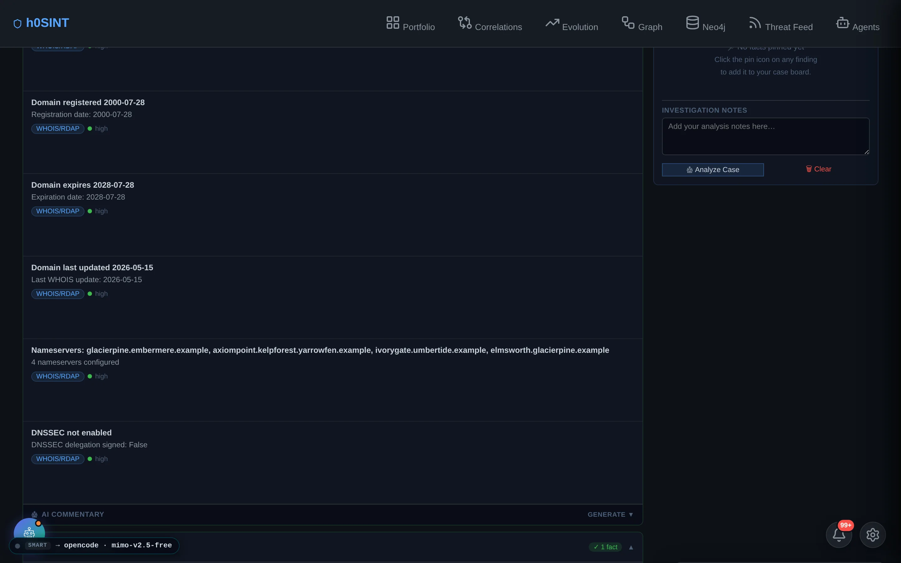 OSINT tab — structured modules and enrichment for the target.