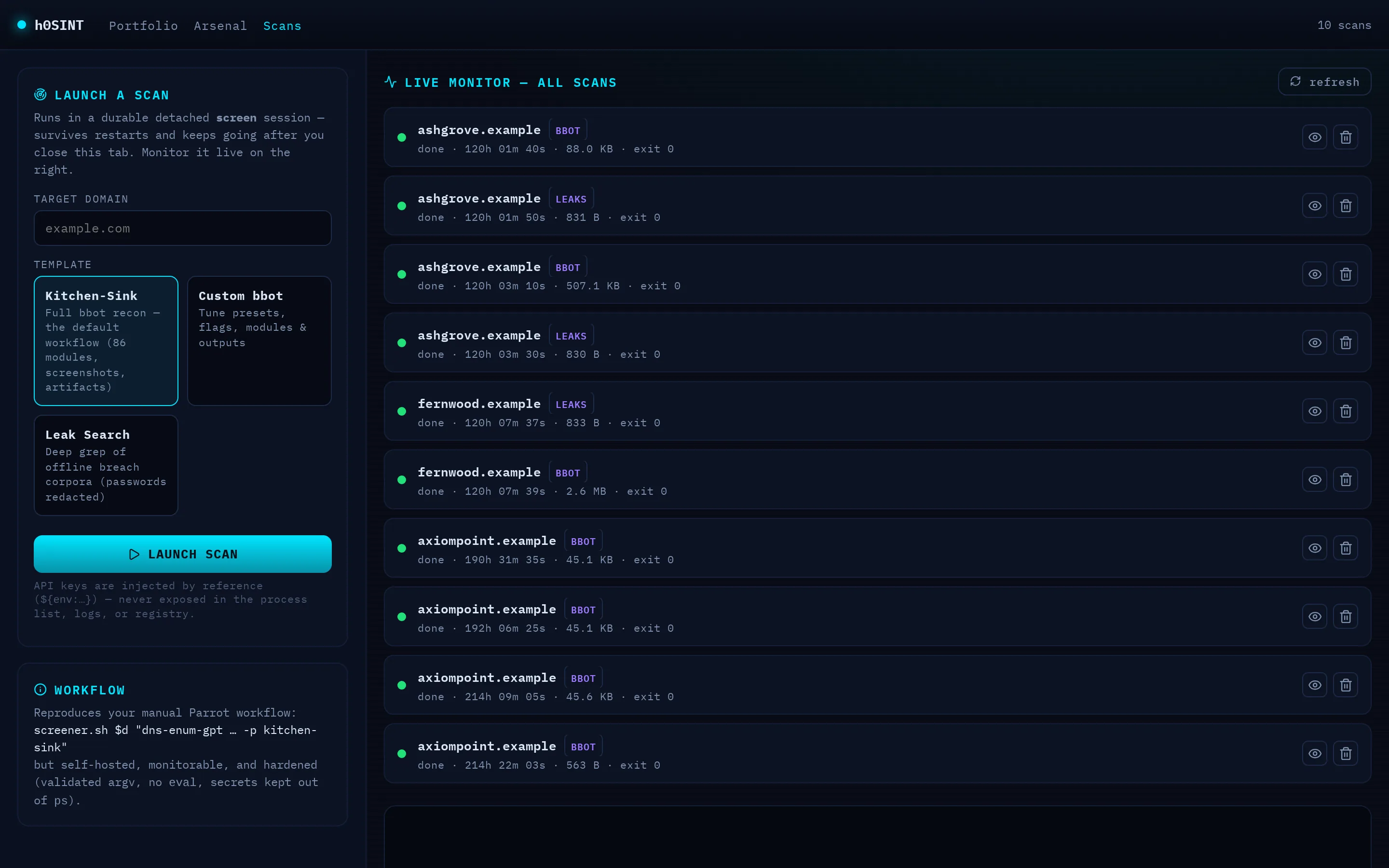 The live monitor — elapsed clocks and status dots for every scan.