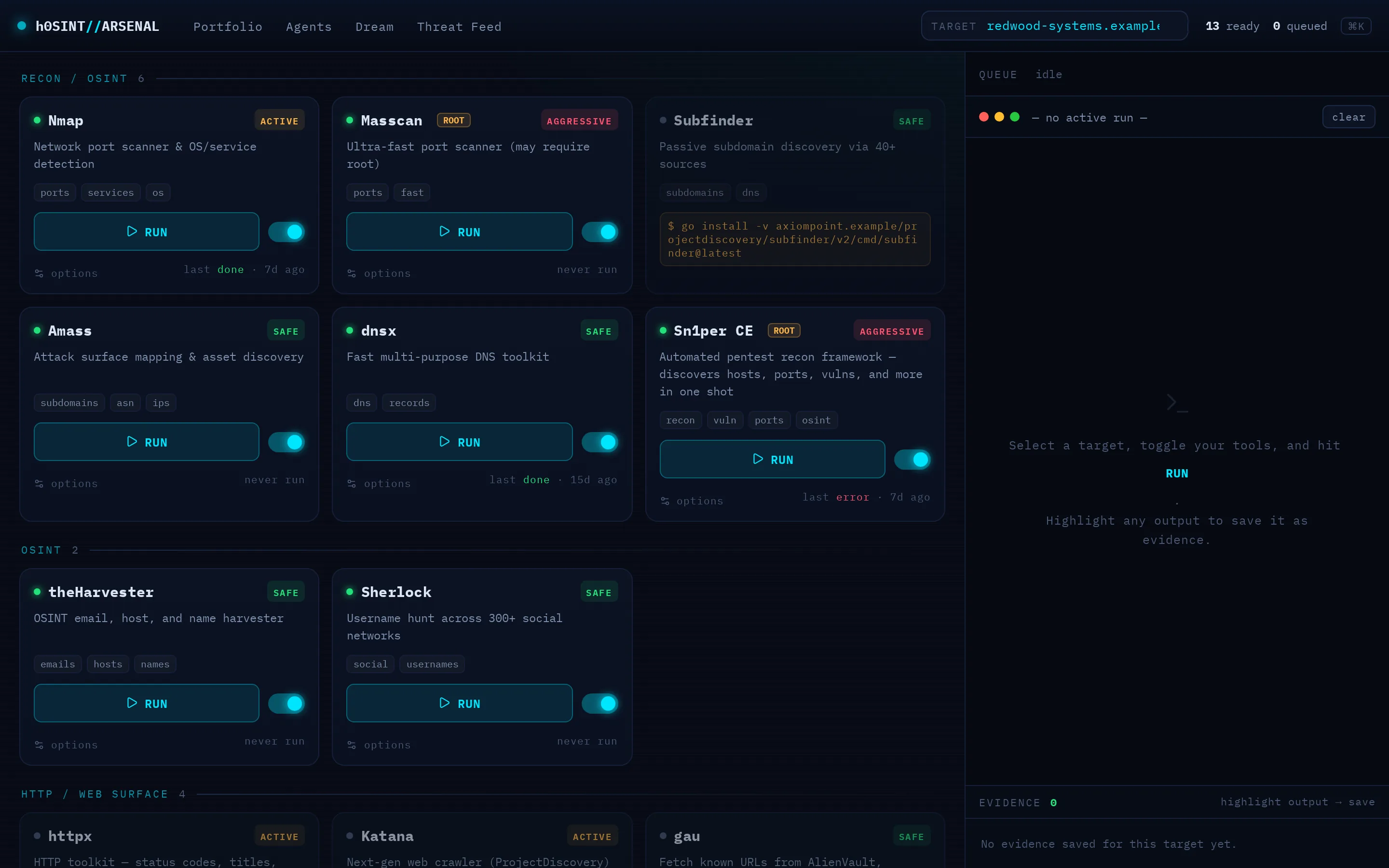Arsenal hub — the tool grid with per-tool toggles.