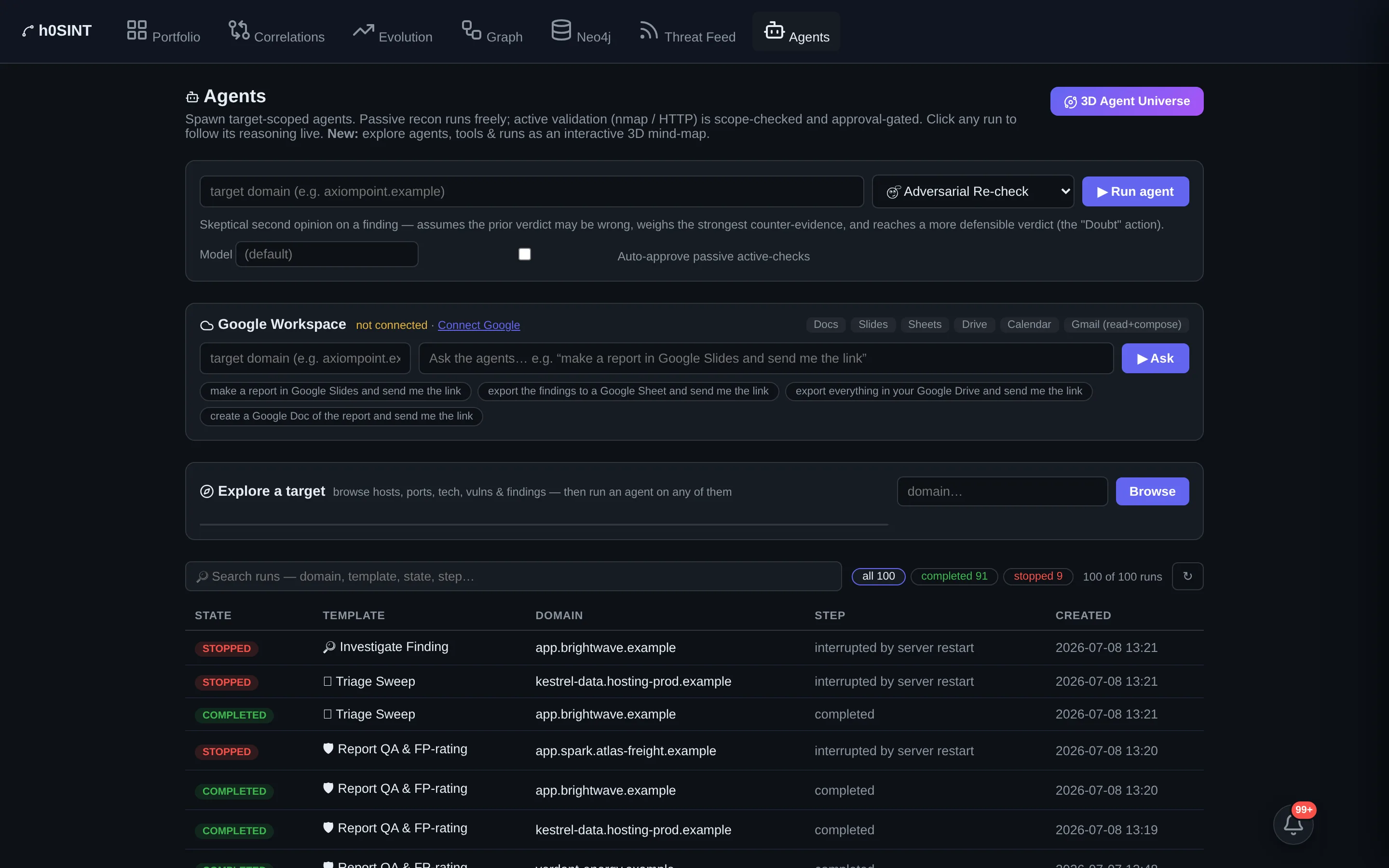Agents explorer — per-host agents and their runs.
